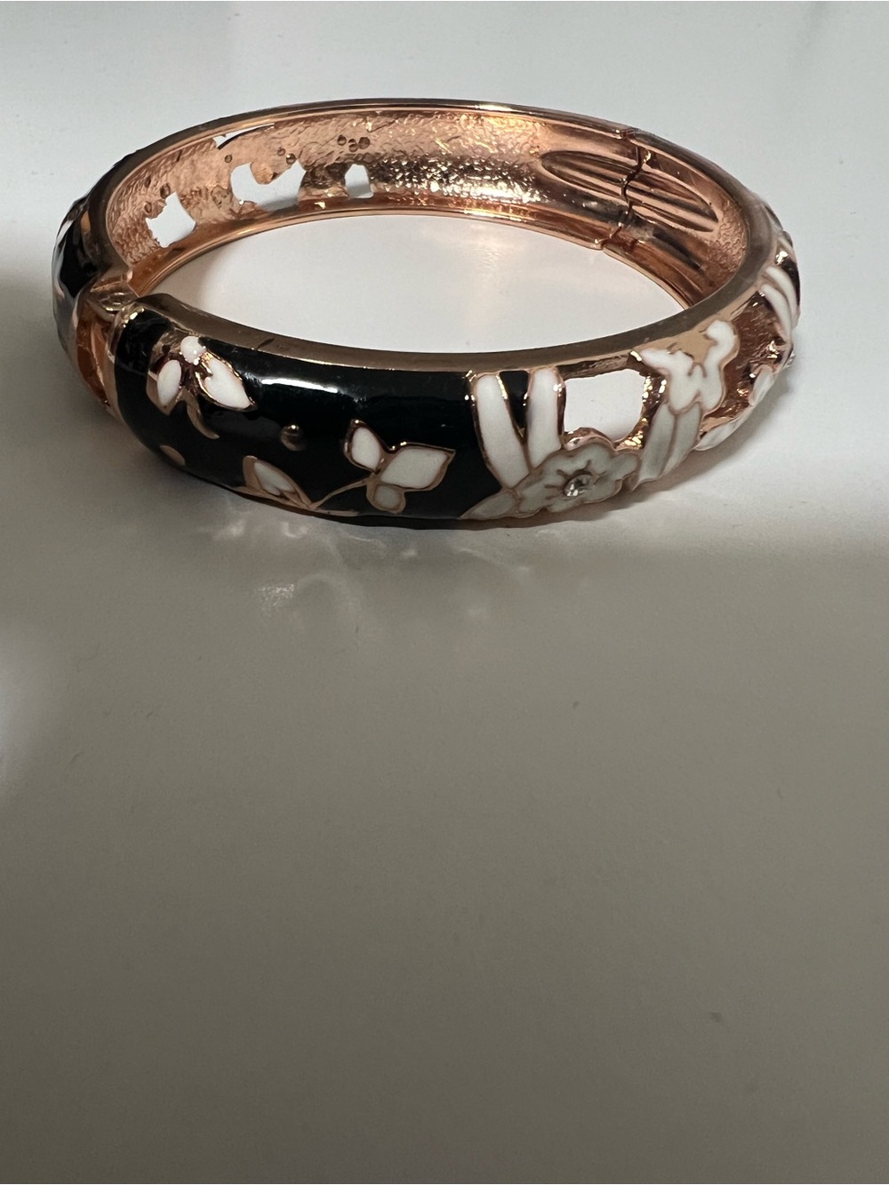 Rose Gold-Tone Floral Enamel Hinged Bangle Bracelet - Black & White